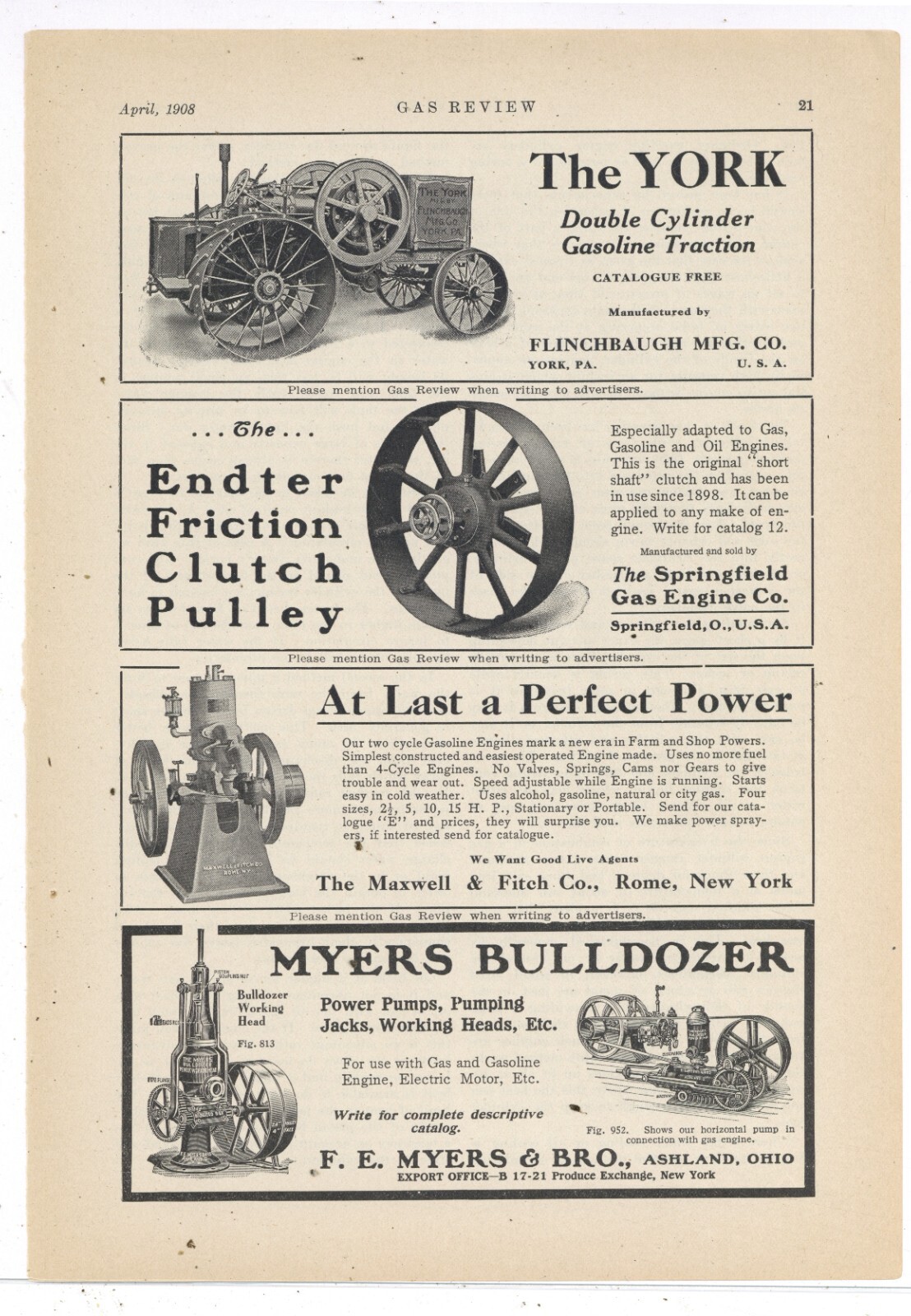 1908 Gas Engine Ads on 1 Pg: Maxwell & Fitch, Springfield Ohio Gas Engine, Myers