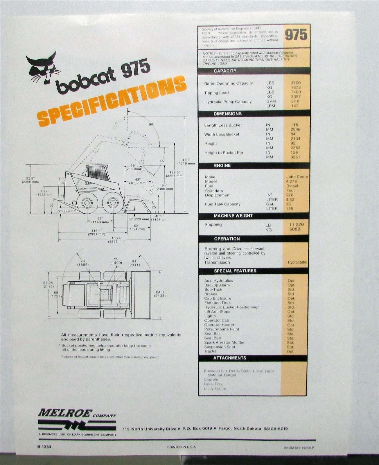 1988 Melroe Bobcat 975 Loader Specifications Construction Sales Data Sheet