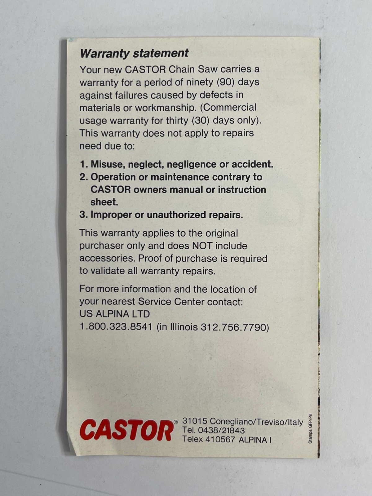 Vintage Original 1980s – Castor Brand Chainsaw Sales Brochure