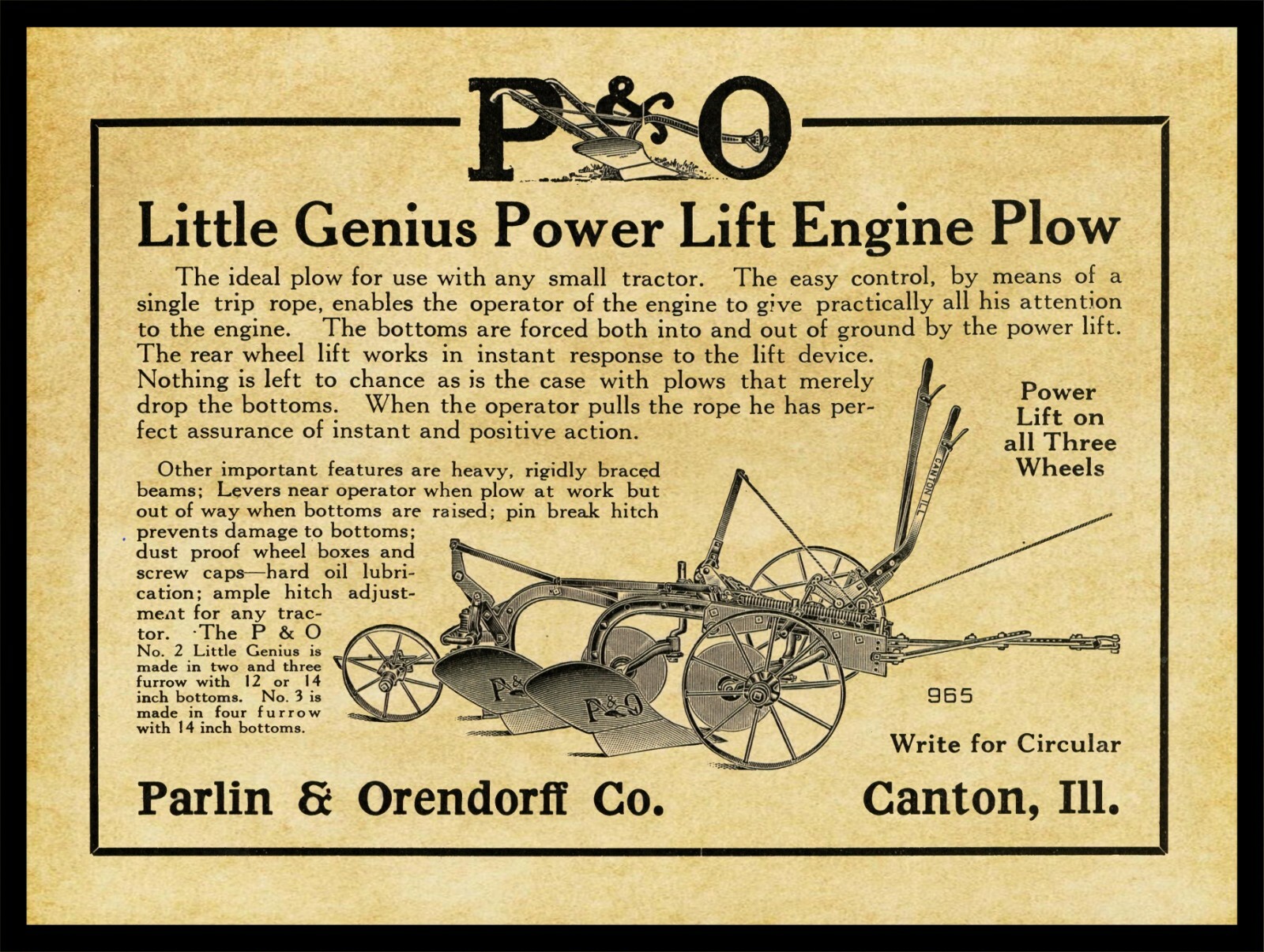 1916 Parlin & Orendorff of Canton, Illinois NEW Metal Sign: 12×16 Large Size