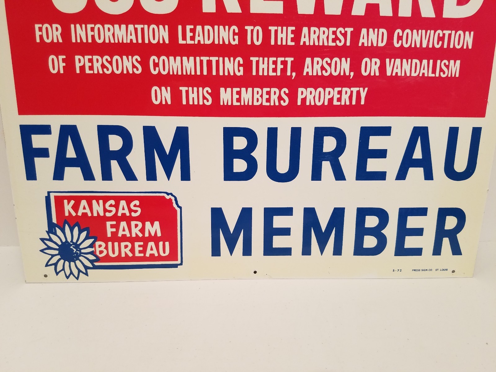 1972 KANSAS FARM BUREAU $500 REWARD SIGN – NEW OLD STOCK