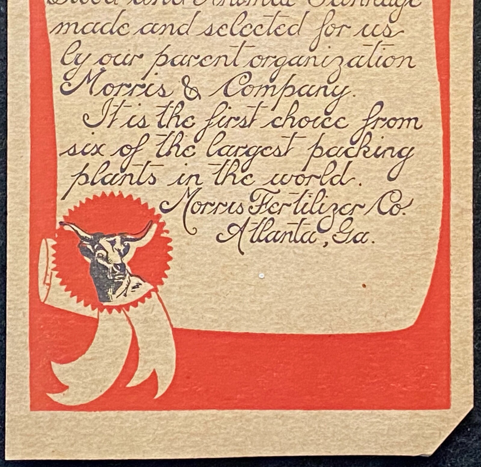 1910-20c *MORRIS FERTILIZER CO.* ATLANTA, GA. DENNISON’S TAG+COW VIGNETTE! RARE!