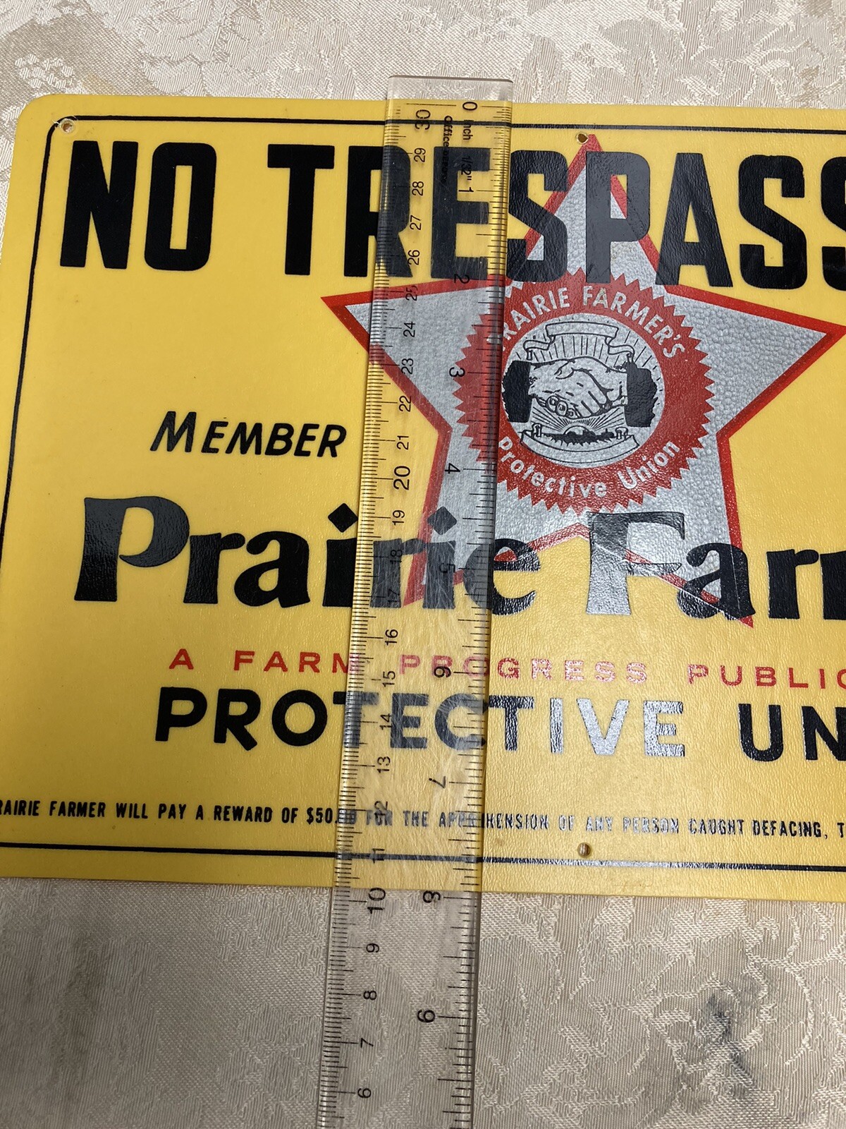 Vtg Prairie Farmer Protective Union No Traspassing Sign Plastic 22×8 Preowned