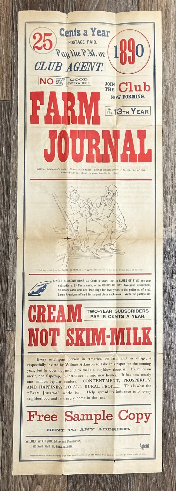 1890 Farm Journal Magazine Club 13th Year Broadside Wilmer Atkinson Proprietor