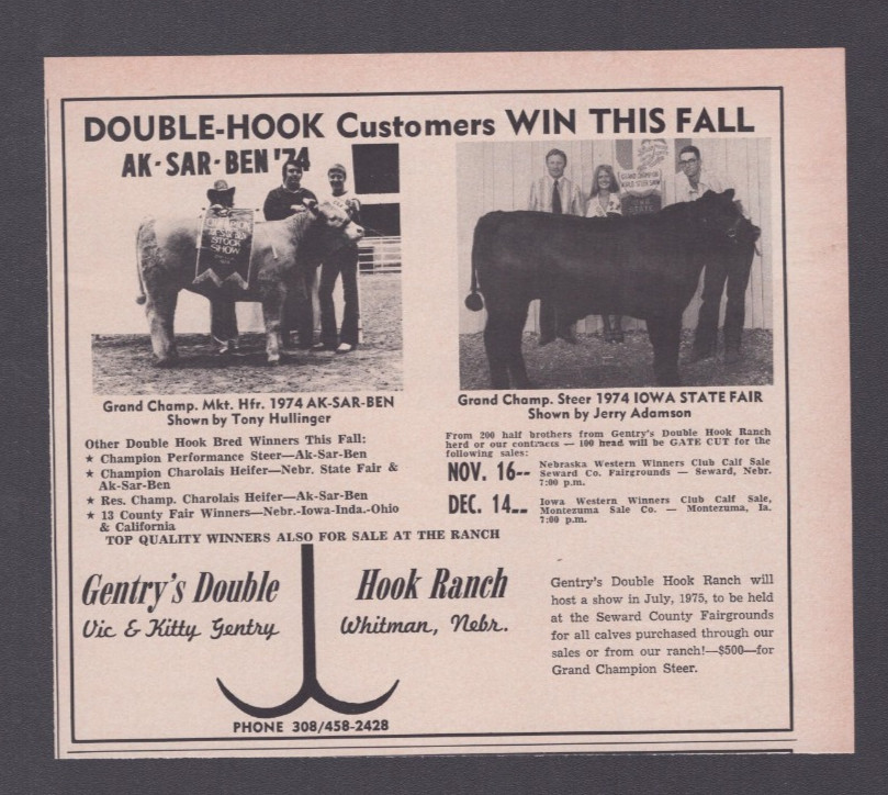 1974 Print Ad Gentry’s Double Hook Ranch Whitman Nebraska Ak-Sar-Ben ’74 Iowa St