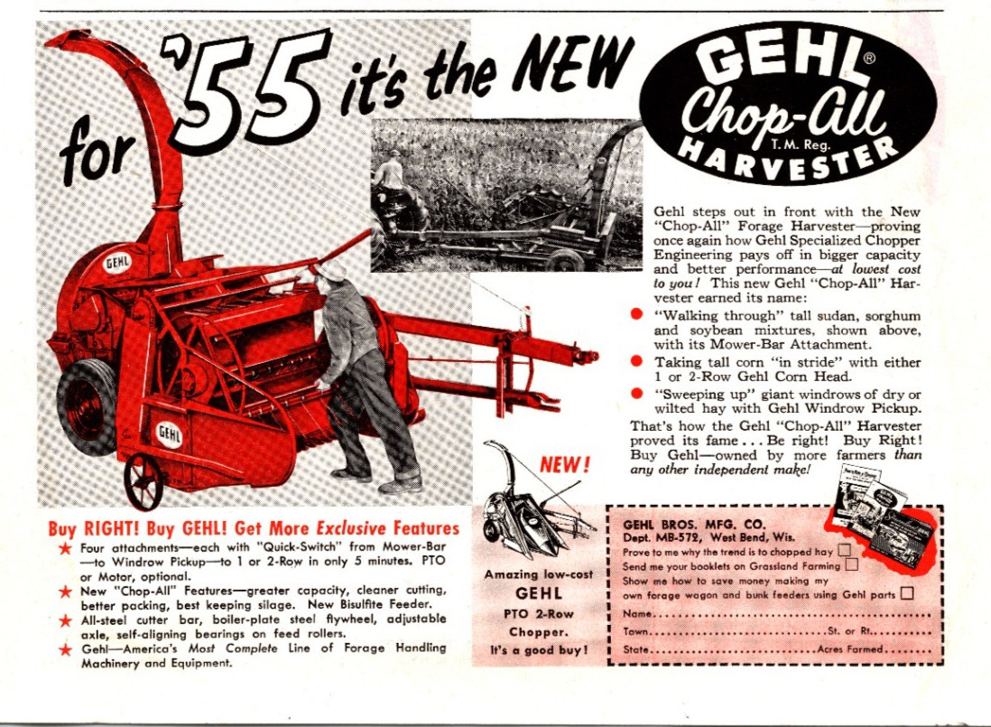 Original 1955 Gehl Chop-all Harvester – Original Print Advertisement (8in x 6in)