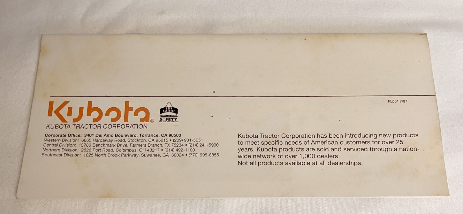 Kubota 1997-1998 Products 44 pages Page Literature Guide 9″ x 4″ *STAINED*