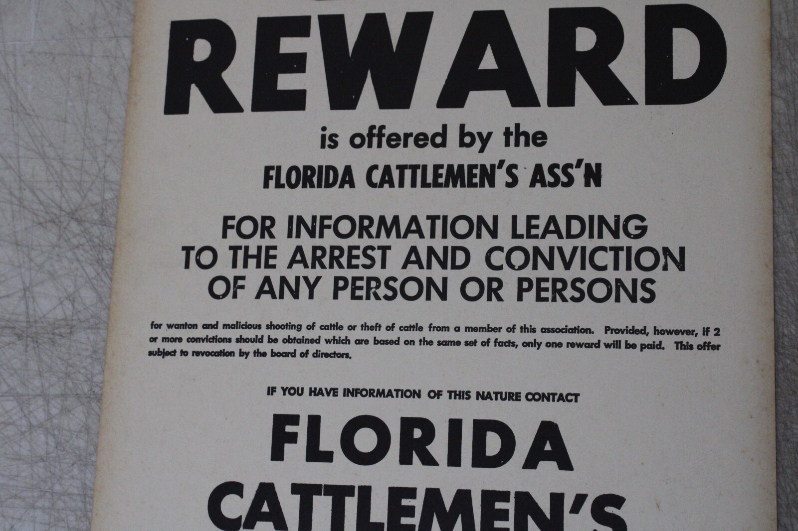 FLORIDA CATTLEMEN’S ASSOCIATION SIGN $500.00 REWARD 10.5 X 13.5