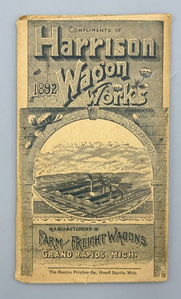 1892 HARRISON WAGON WORKS Machinery FARM Pocket Ledger GRAND RAPIDS MI Advertise