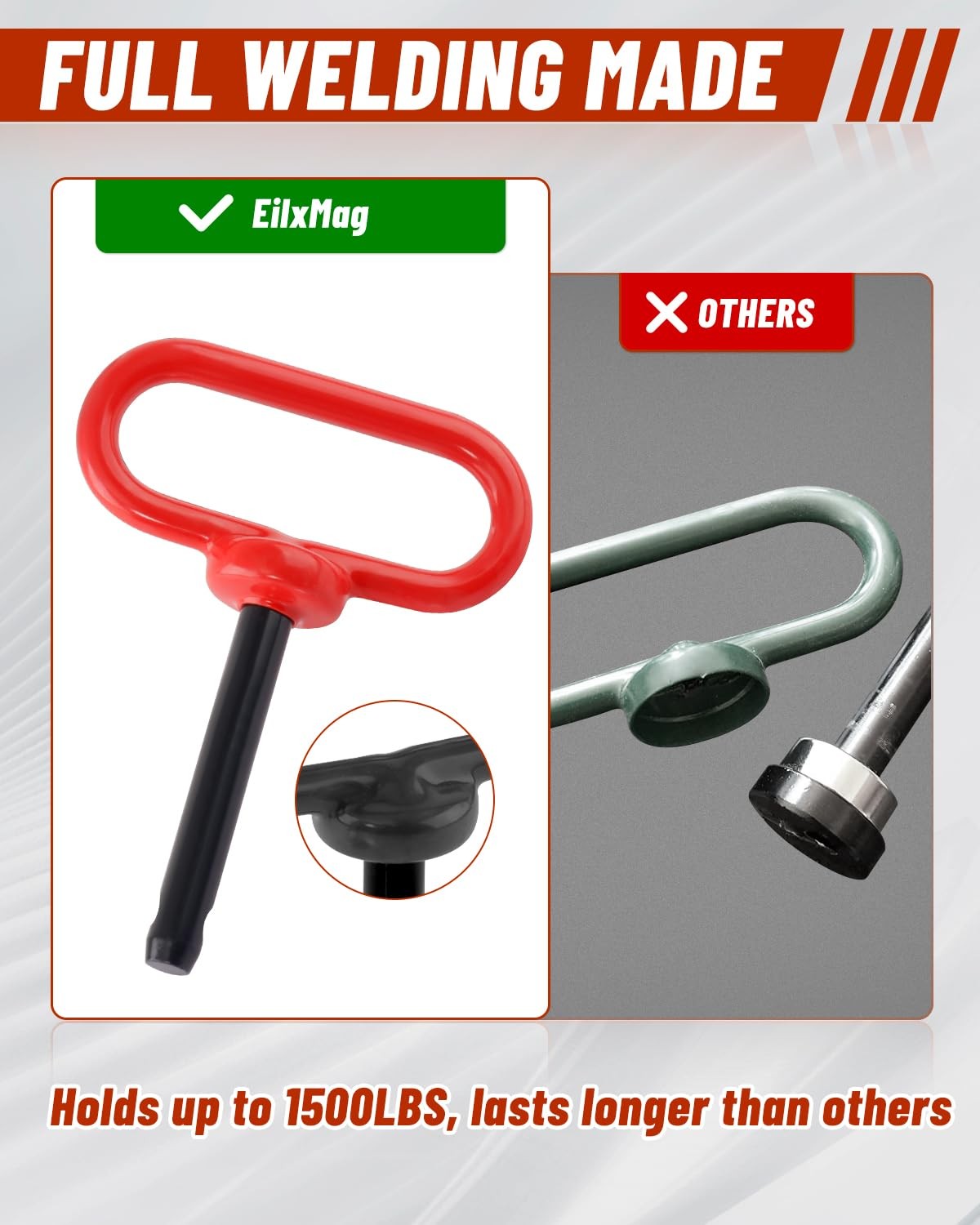 EilxMag 2Pack Hitch Pin, 1/2 x 3 Inch Trailer Pin with Clip 2-Pack, RED