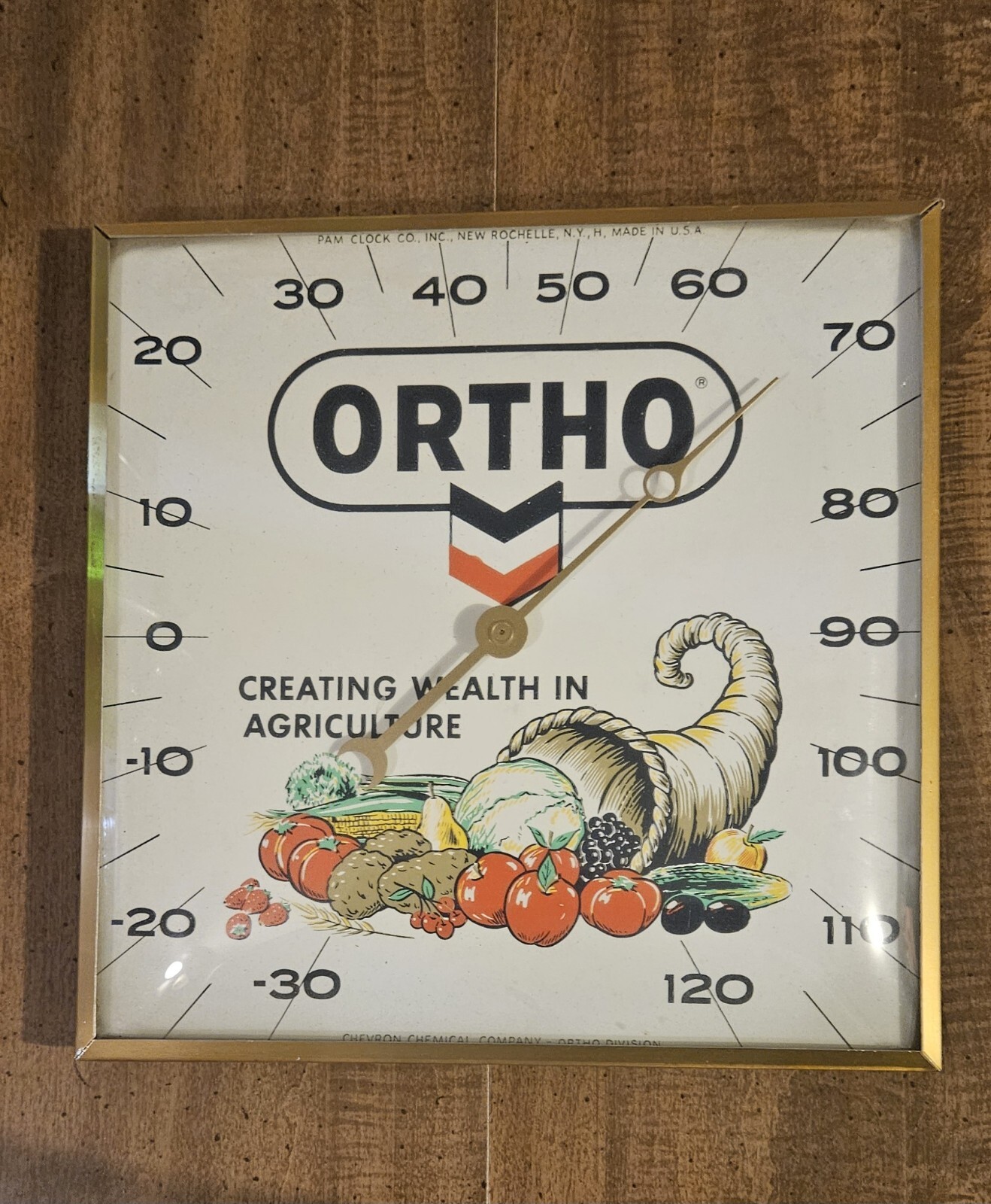 Vintage Pam Clock Co. Thermometer “ORTHO” Chevron (Rochelle, NY) USA Advertising