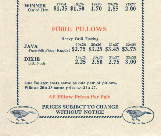 VINTAGE 1928 PILLOW & BULK FEATHER BROCHURE W/PRICES! TURKEY, GOOSE, DUCK DOWN!