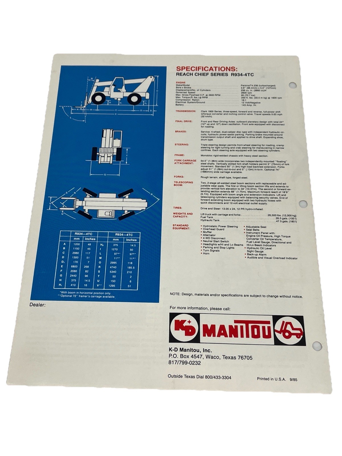 K-D Manitou Inc. Reach Chief Series R934-4TC Telehandler Brochure 9/1985
