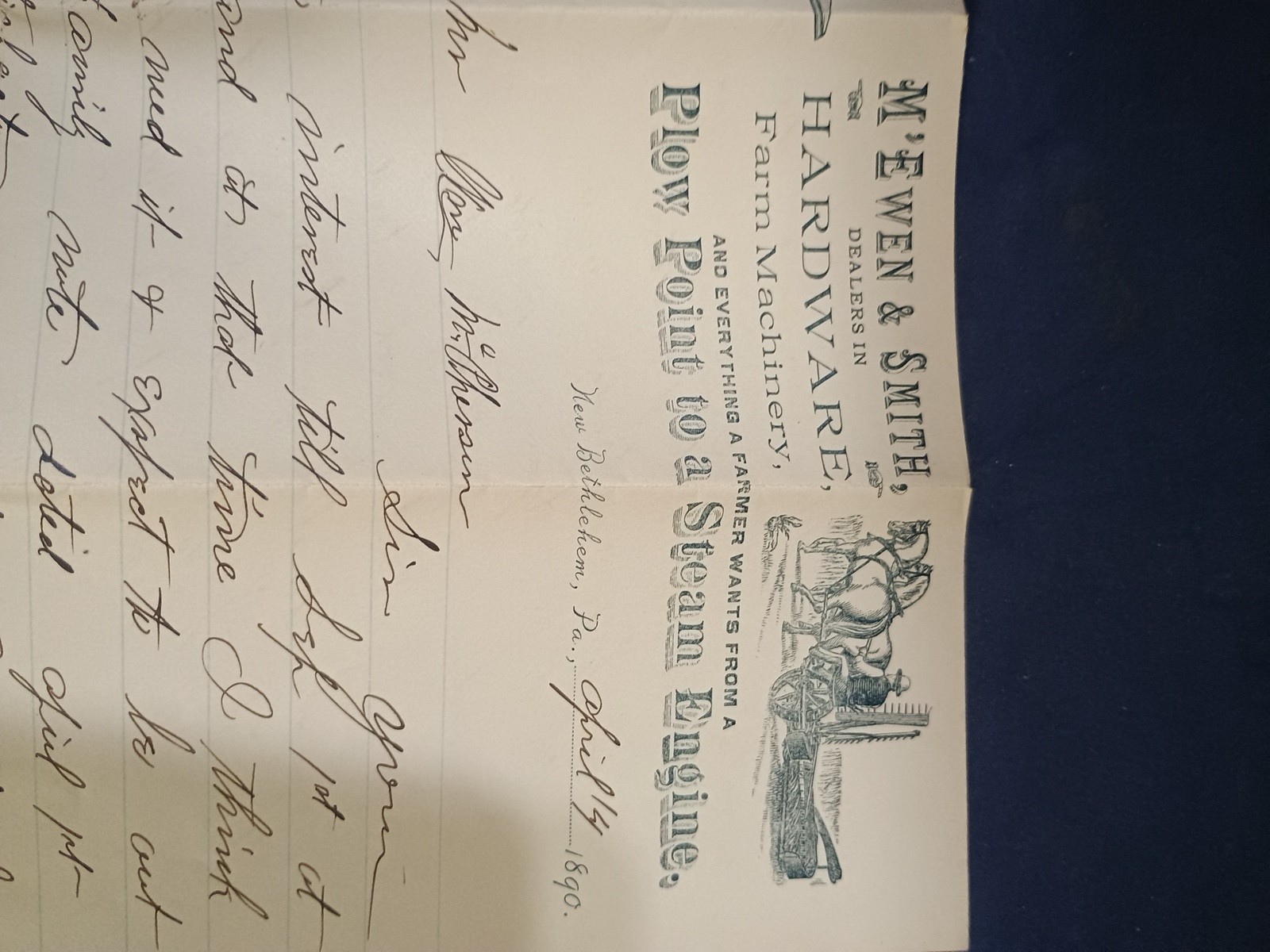 Vintage 1890 M’EMEN & SMITH Farm Implements,Letter & Envelope