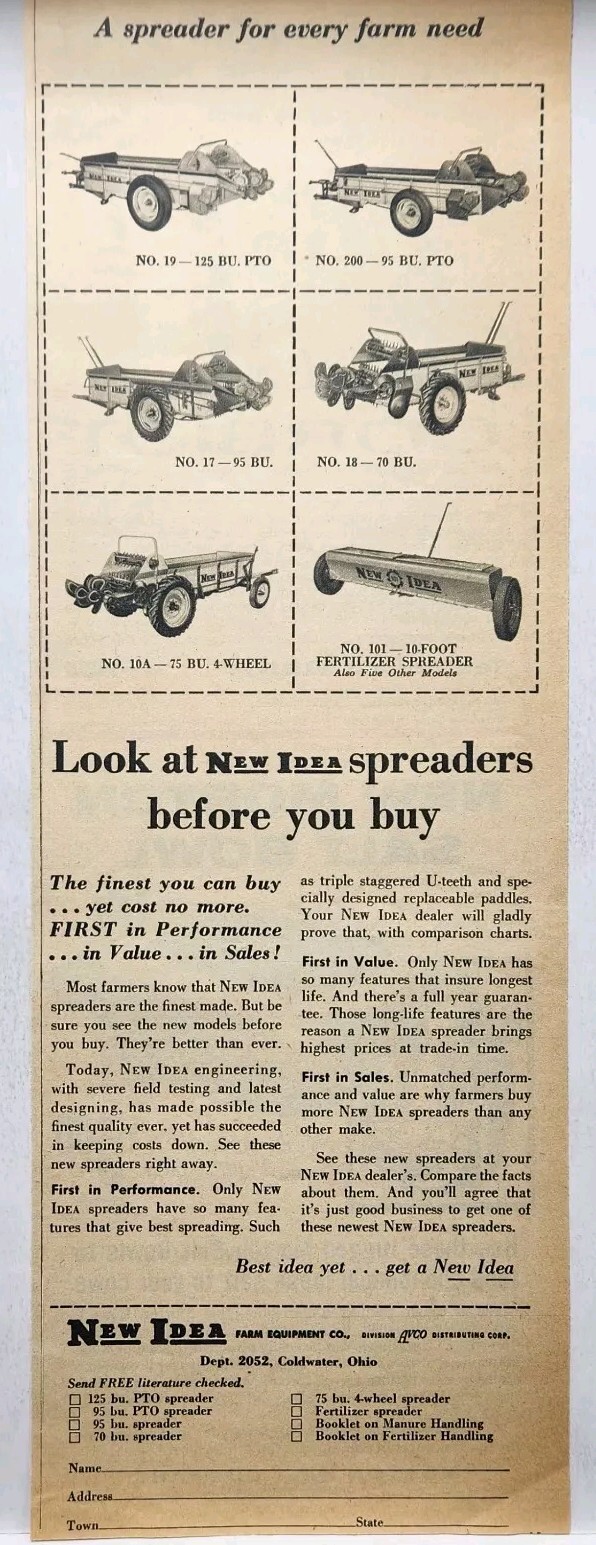 1959 New Idea Farm Equiptment PTO Spreaders Farm Print Ad Coldwater Ohio OH