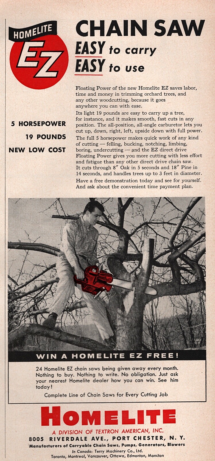 1956 Homelite EZ Chainsaw “Easy to Care, Easy to Use” Original Ad
