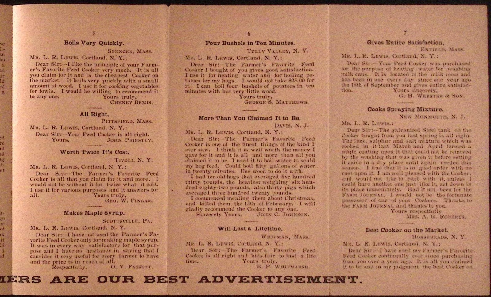 Farmers Favorite Feed Cooker Testimonial Brochure c1920s Cortland NY 3.25 x 6″
