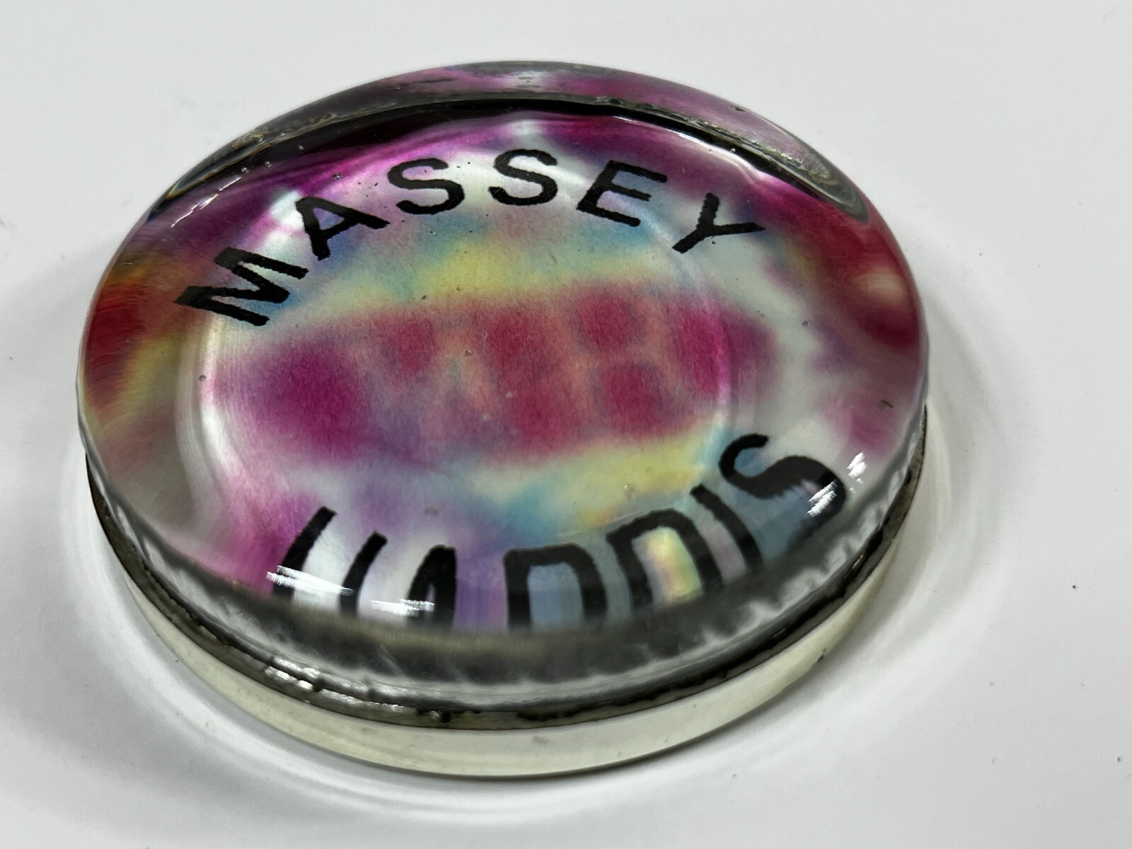Massey Harris Glass Paperweight Tractor Advertising Folk Art 3.5″ Vintage