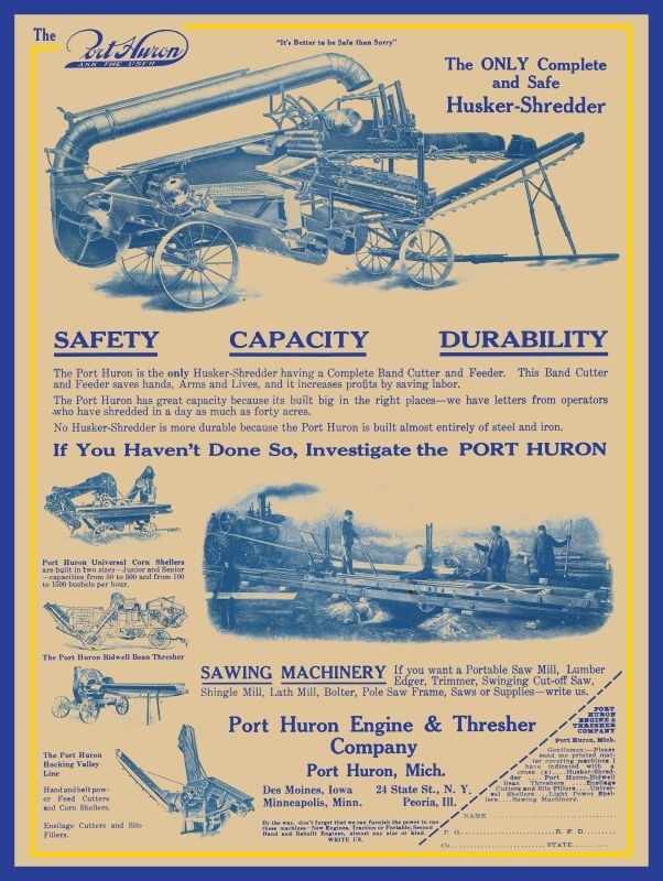 1911 Port Huron Engine & Thresher Co. Husker Shredder NEW METAL SIGN: 12×16″