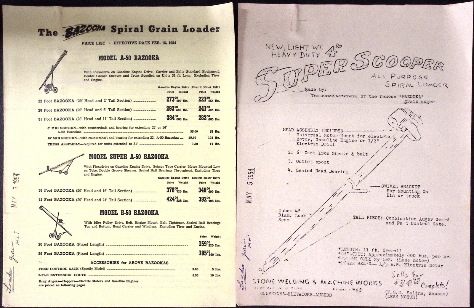 1954 Bazooka Spiral Grain Loader Model B-50 Brochure Wyatt Mfg Co Salina KS
