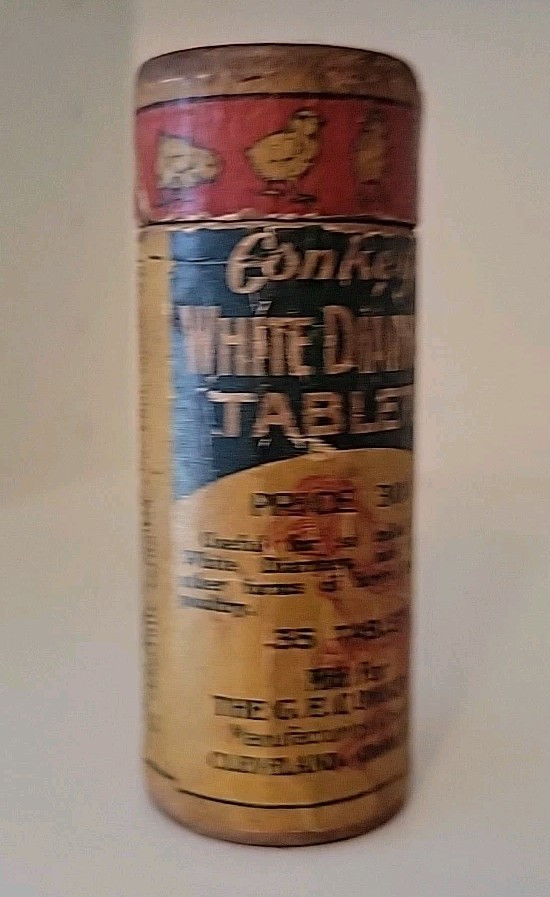 Antique Conkeys White Diarrhea Tablets Chicks Farm Medicine Rare Wood Bottle SEE