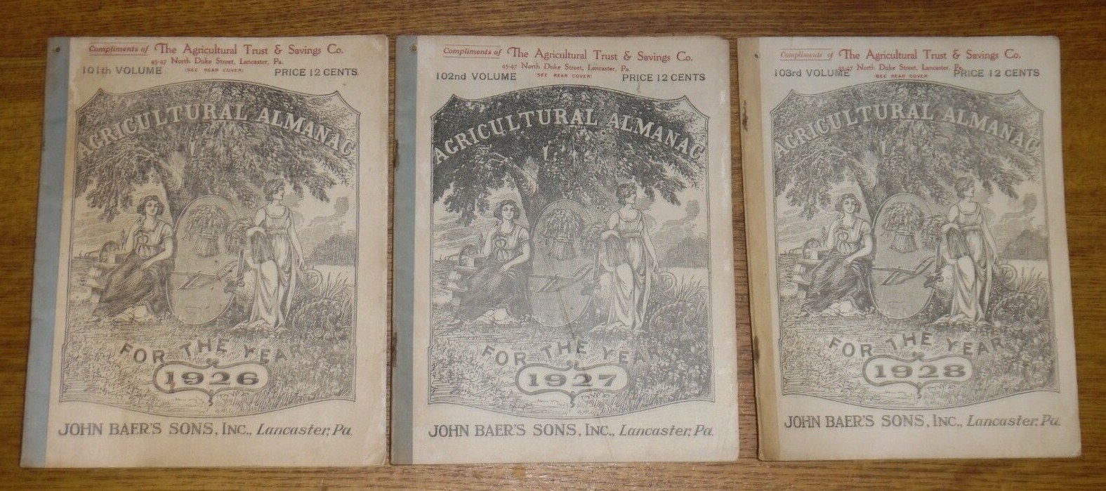 3 Old Agricultural Almanacs – John Baer’s Sons Lancaster PA – Vol. 101 102 103