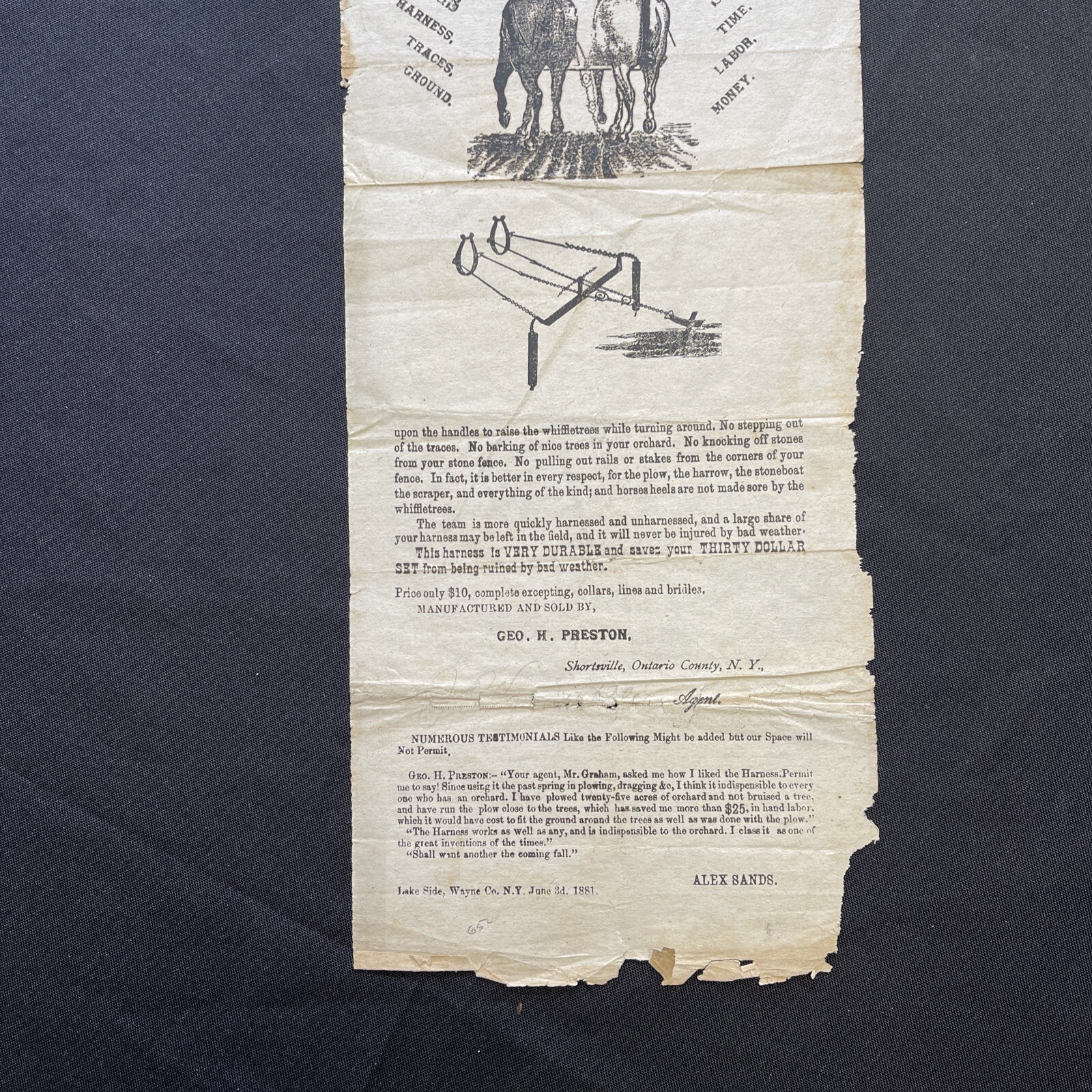 1881 Coleman’s Plow Harness Broadside Shortsville New York Farm Machinery