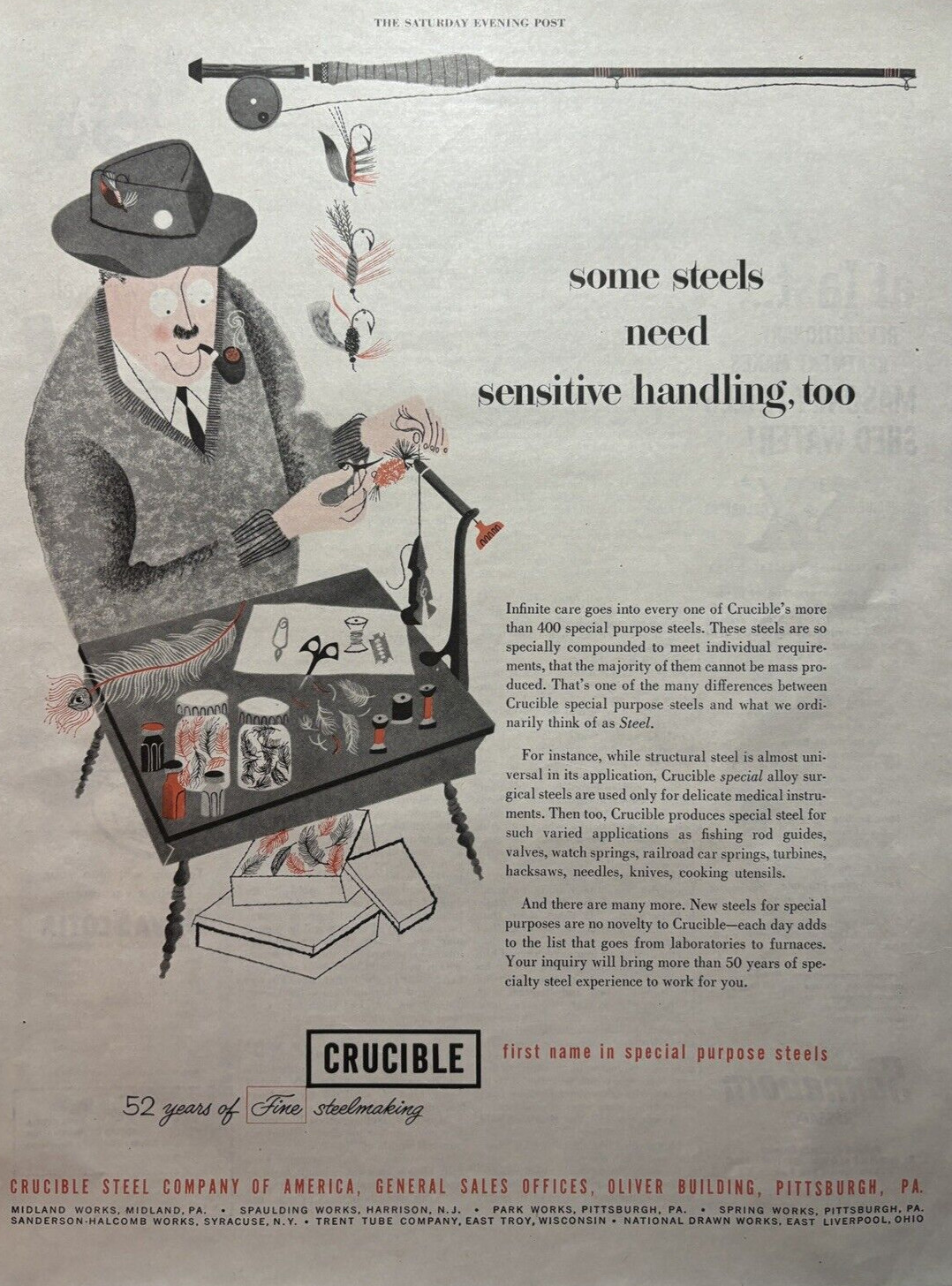 1952 Crucible Steel Company America Pittsburgh Pa Fisherman VTG Print Ad