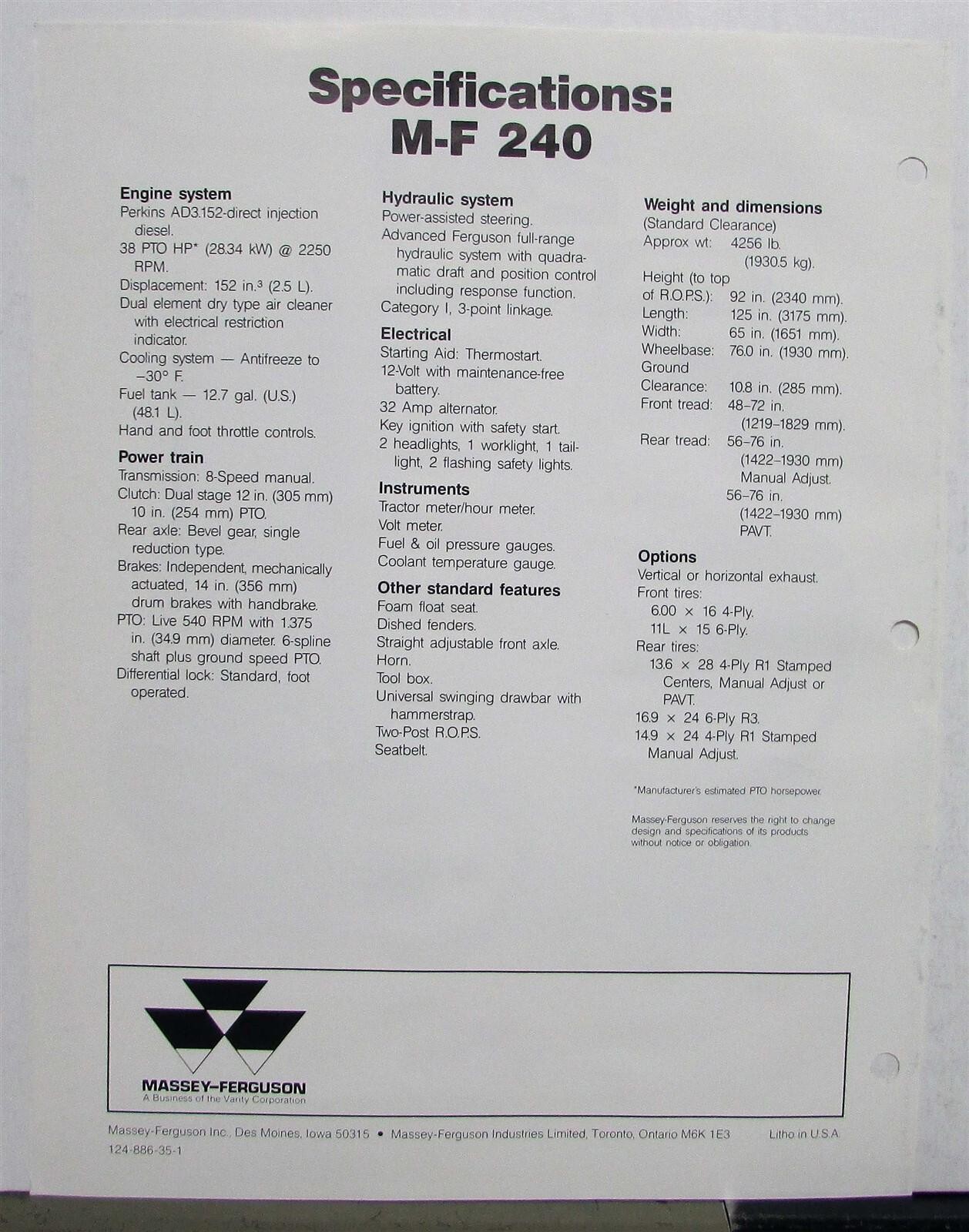 1984 Massey Ferguson 240 Tractor Specs Agricultural Sales Data Sheet