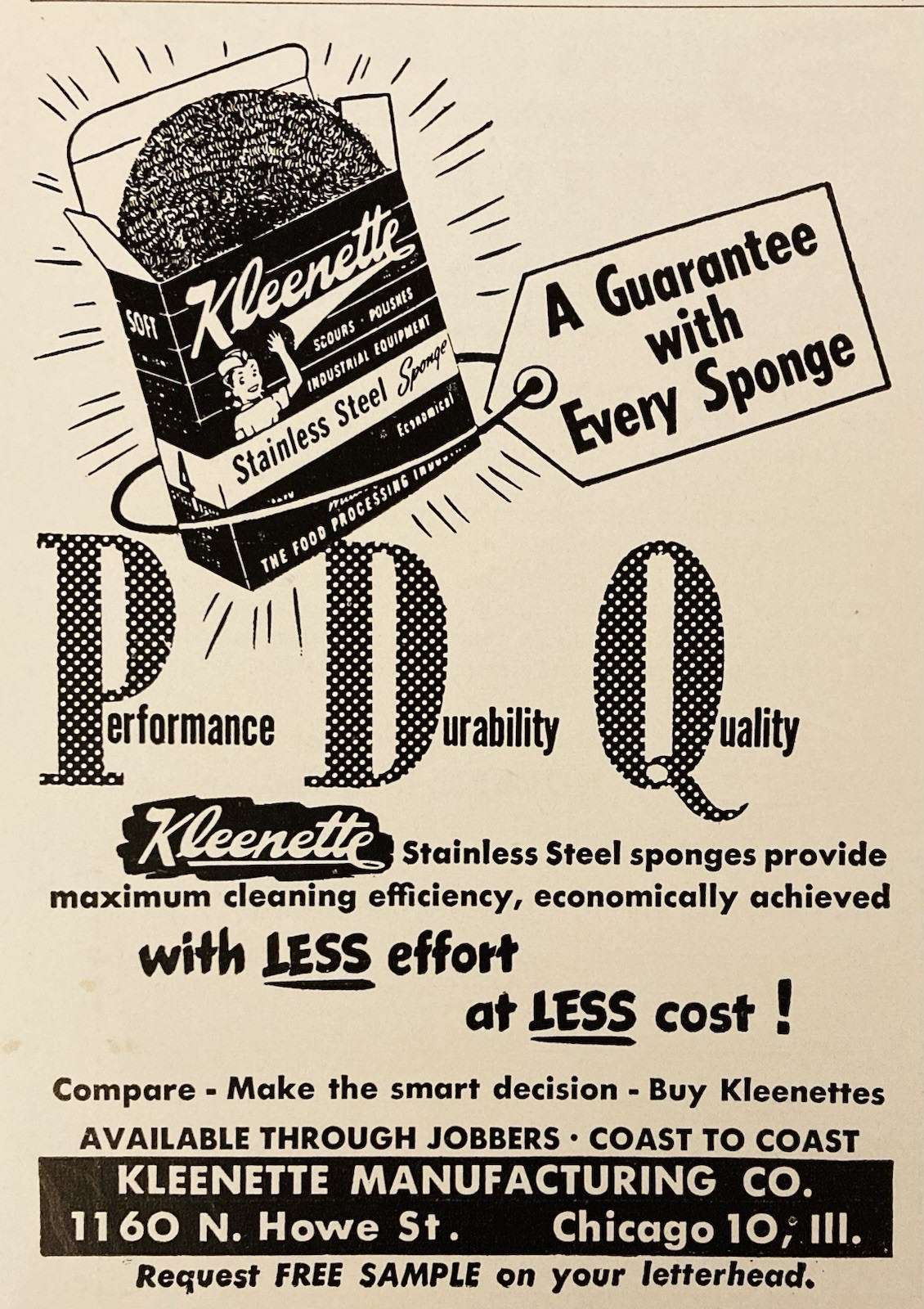 1951 AD.(PC10)~KLEENETTE MFG. CO. CHICAGO. KLEENETTE STAINLESS STEEL SPONGES PDQ