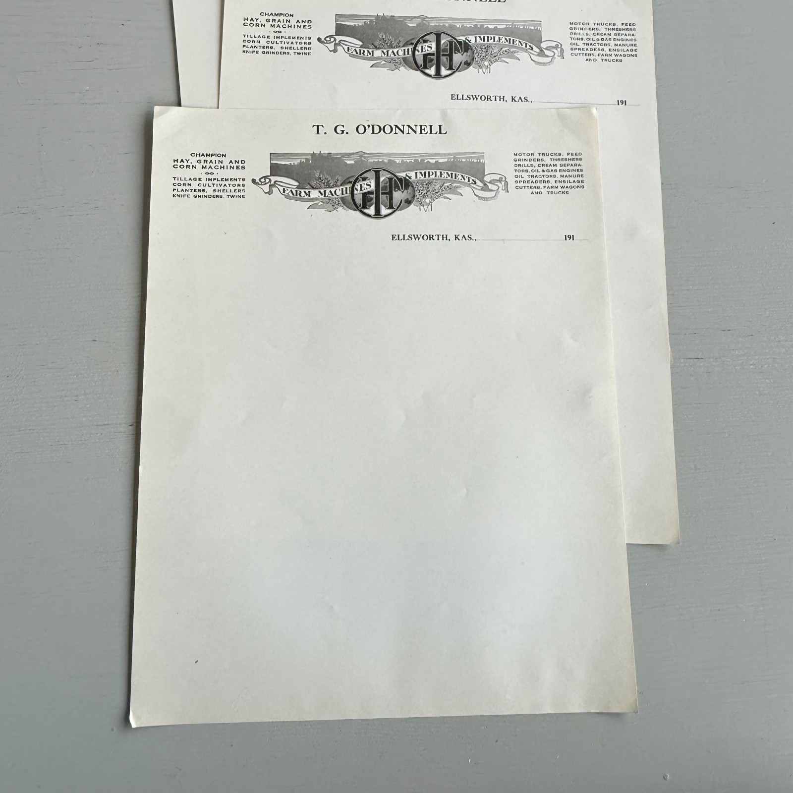 3 Vintage T.G. O’Donnell Letterhead Advertising Ellsworth KS Farm Implements