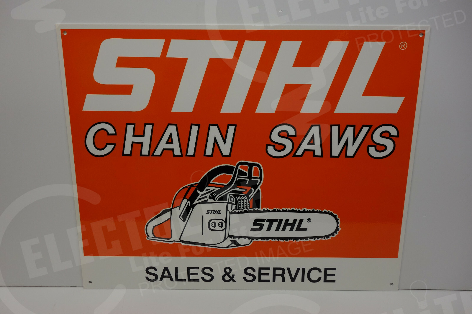 STIHL CHAIN SAW HEAVY STEEL DEALER DIE CUT Sign Rare ENAMEL 16″ BY 20″