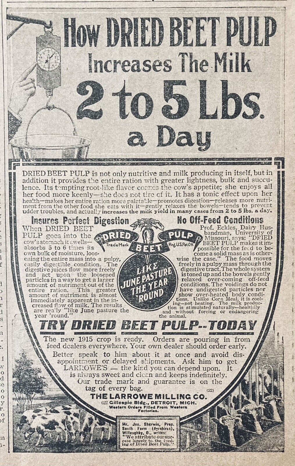 1915 AD.(XH41)~LARROWE MILLING CO. DETROIT. DRIED BEET PULP FOR MILK PRODUCTION