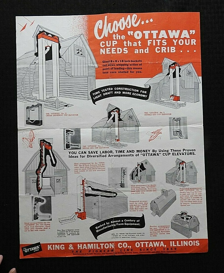 1950’s “OTTAWA BIGGEST CAPACITY GRAIN CUP ELEVATOR” FOLD-OUT POSTER BROCHURE IL