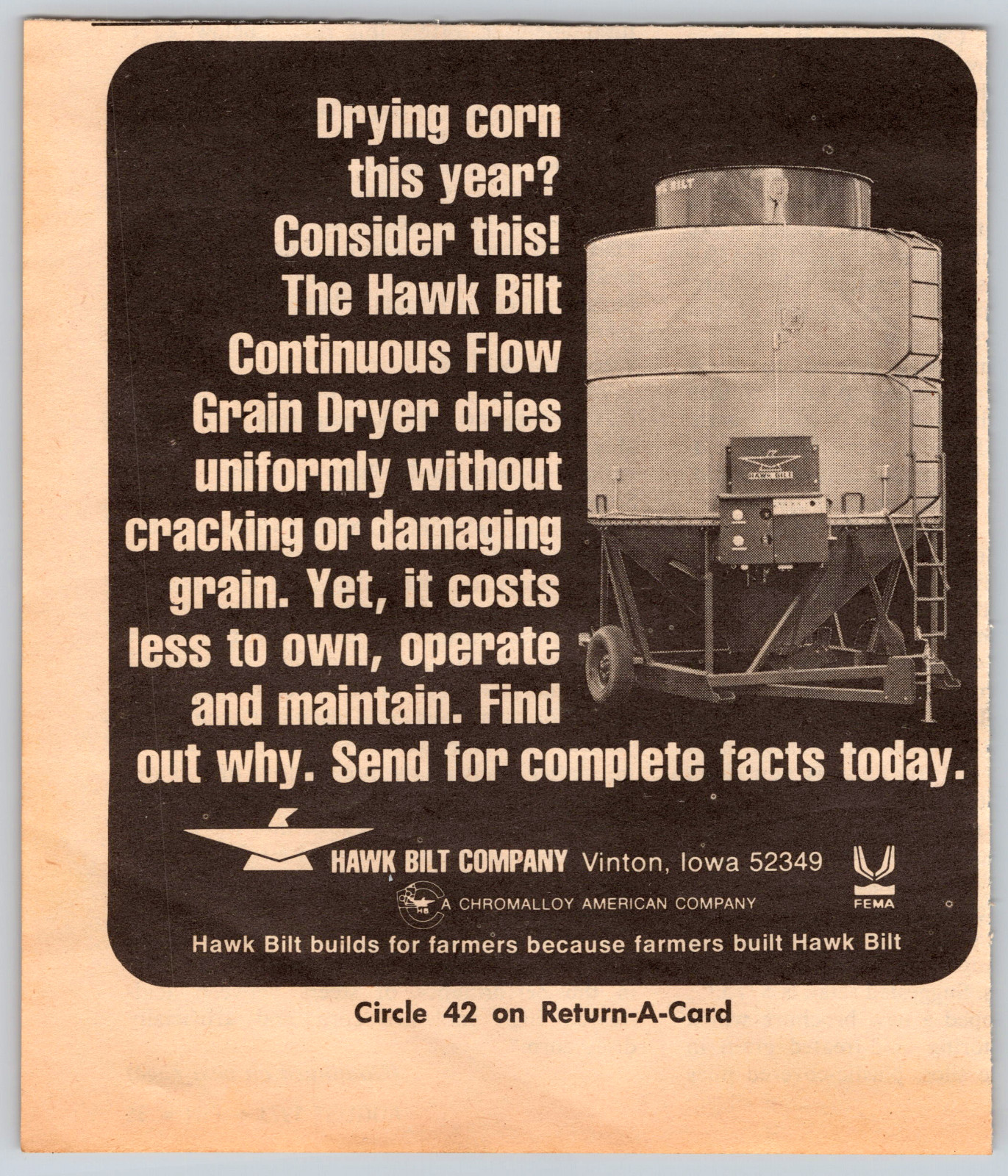 1973 Print Ad Hawk Bilt Vinton Iowa Continuous Flow Grain Dryer Corn Uniformly