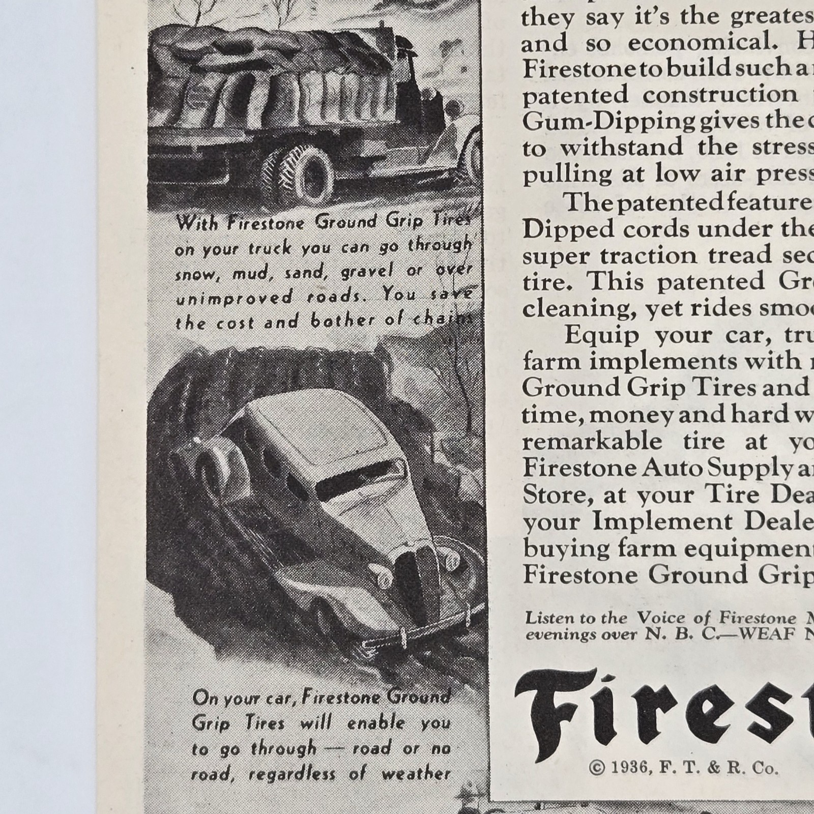1936 Firestone Ground Grip Tires Hunting Farming Mudding Print Ad 8 x 11.5″