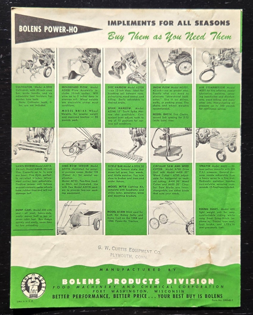 1955 BOLENS POWER-HO GARDEN TRACTOR SALES COLOR BROCHURE “MORE FOR YOUR MONEY”