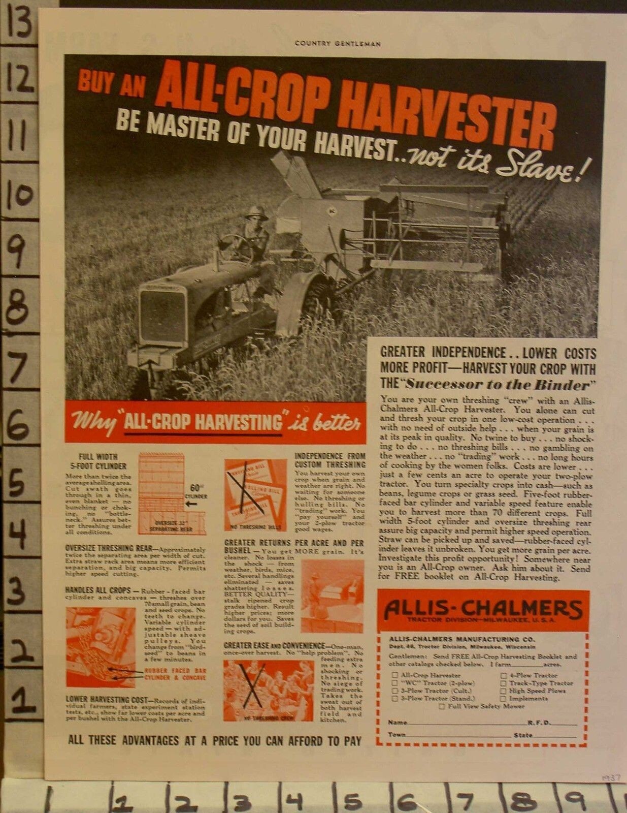 1937 ALLIS CHALMERS FARM TRACTOR HARVESTER AGRICULTURE PLOW MILWAUKEE AD 23126