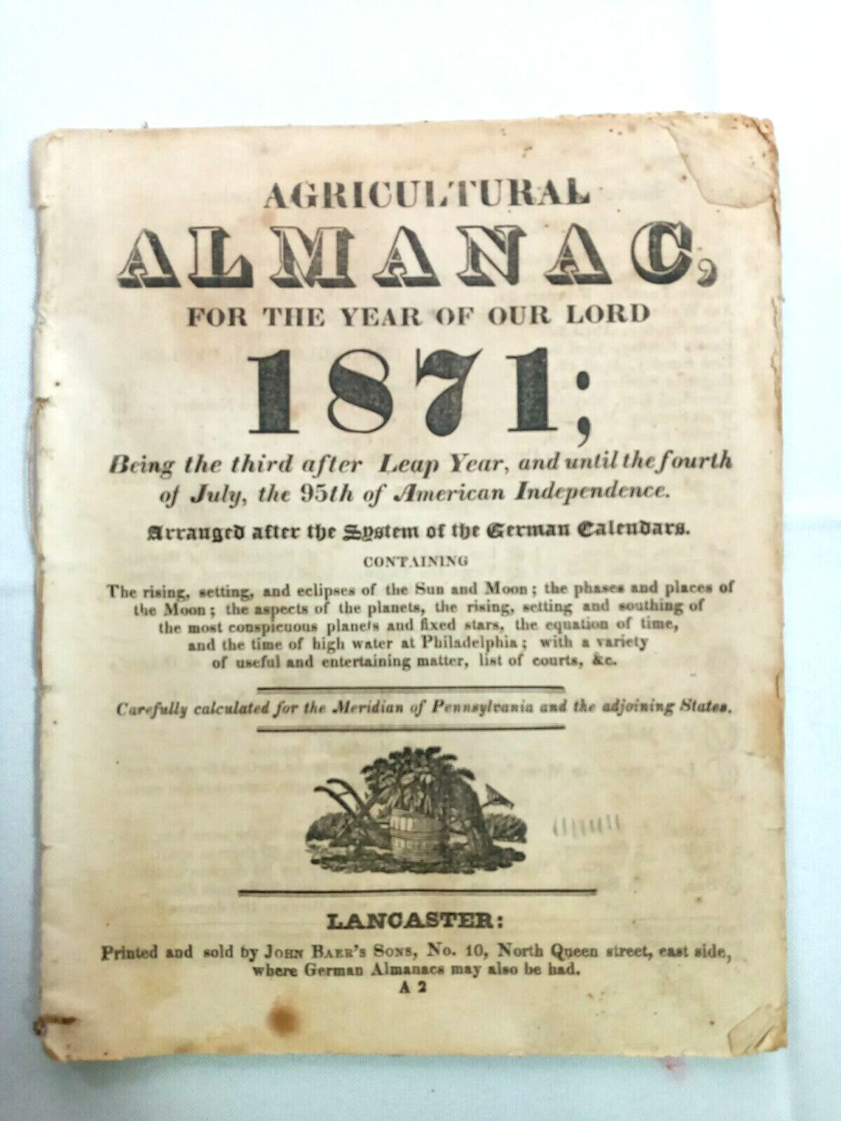 Vintage 1871 John Bear Baer’s Agricultural Almanac Lancaster, PA Antique Farmers