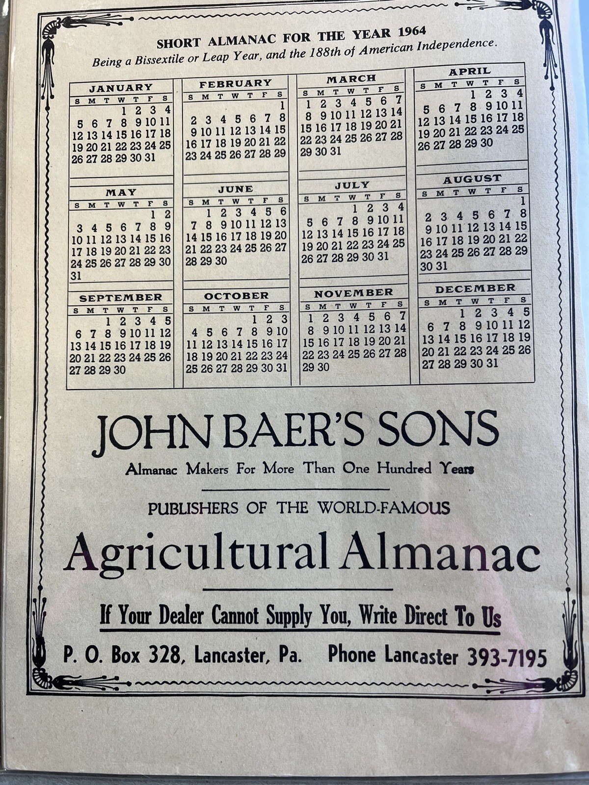 VINTAGE FARMERS AGRICULTURAL ALMANACS, BAER’S LANCASTER PA 1964