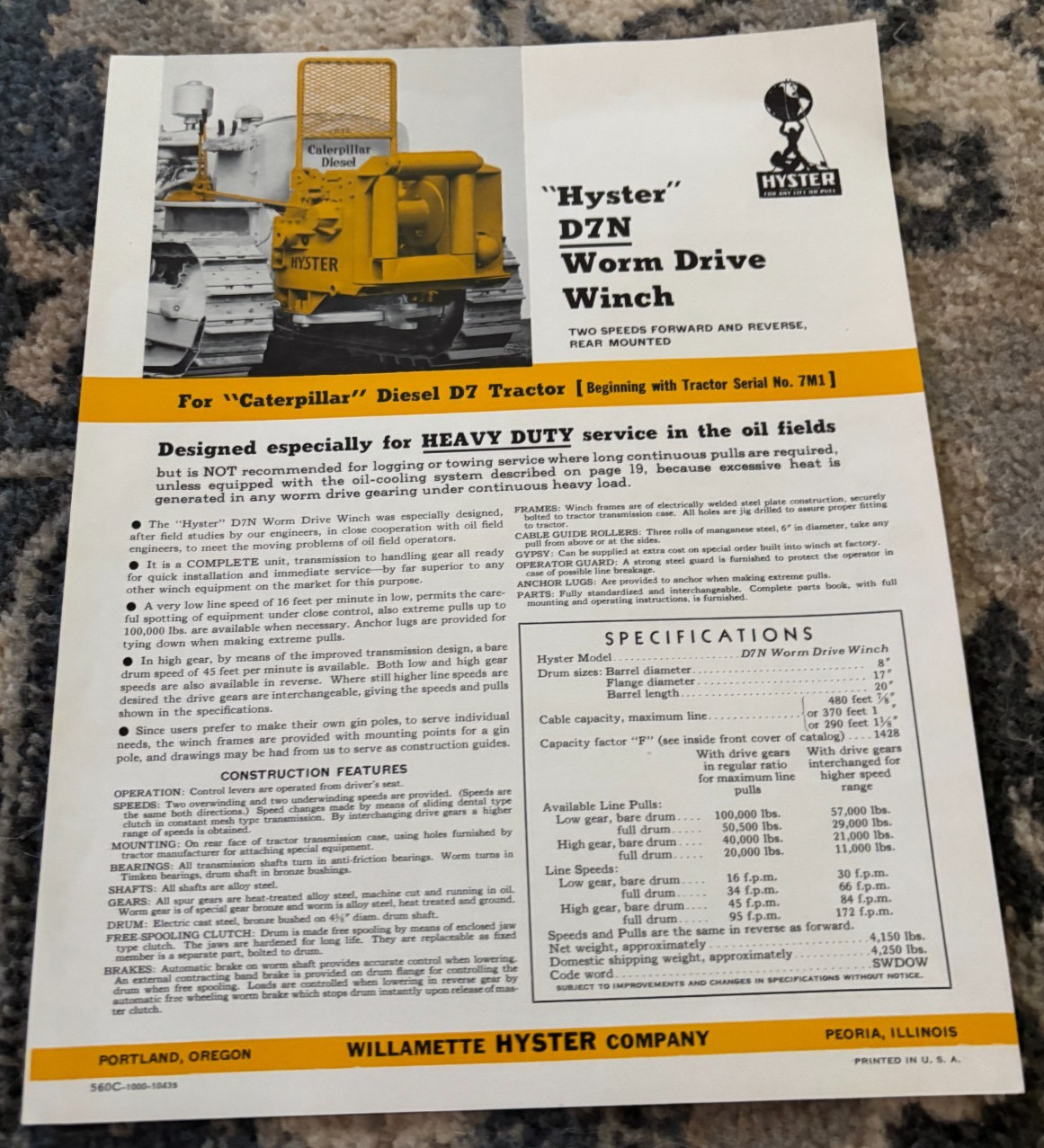 Hyster D7N Worm Drive Wench For Caterpillar D7 Tractor Brochure DCPA25