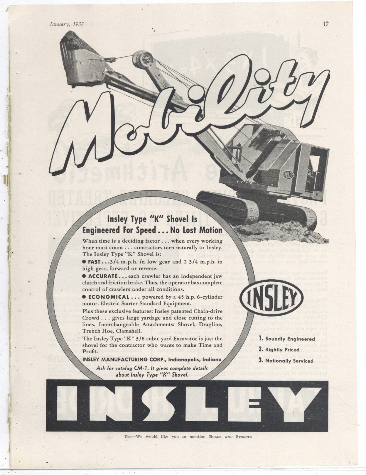 1937 Insley Mfg. Co. of Indianapolis Ad: Type K Shovel – Engineered for Speed!