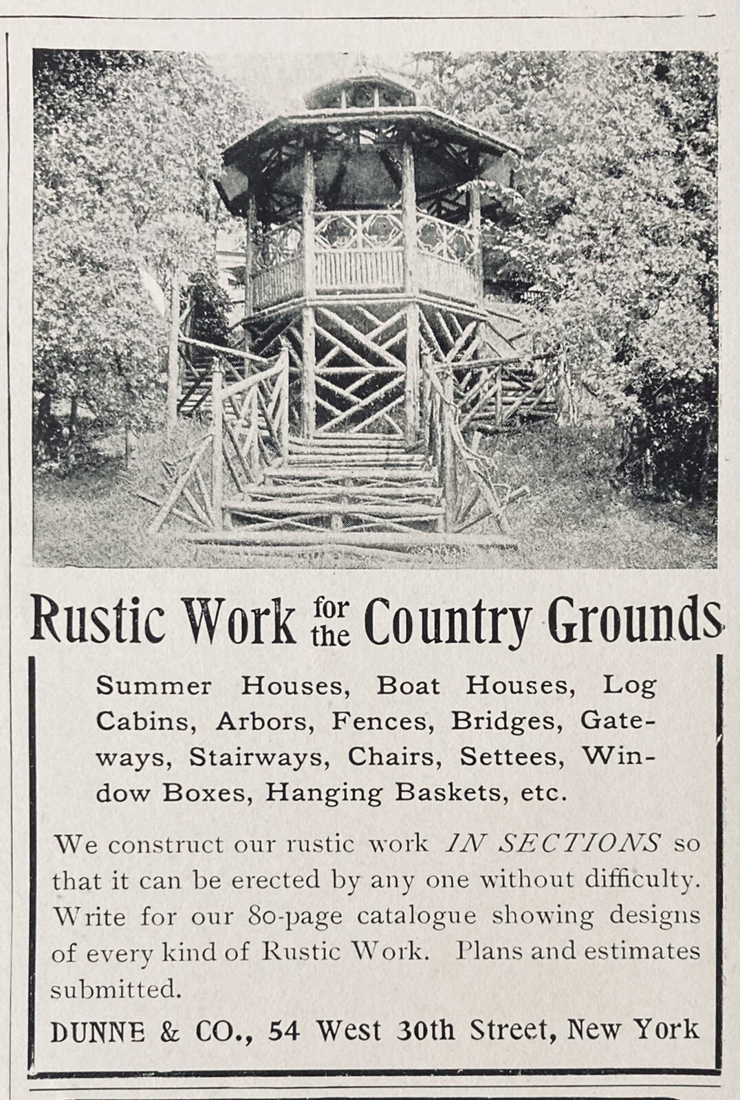 1903 AD.(XH47)~DUNNE & CO. NYC. RUSTIC WORK FOR COUNTRY GROUNDS. CABINS, ARBORS