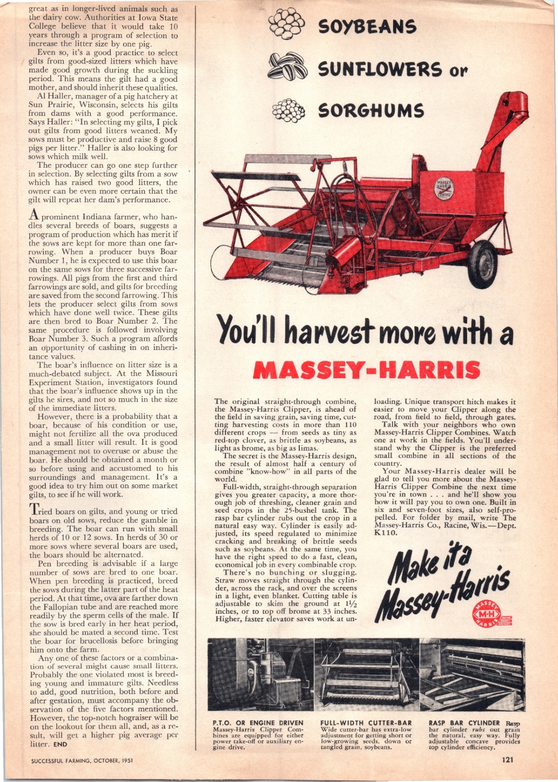 1951 Massey-Harris Clipper Straight-Through Combine 50’s Vintage Print Ad