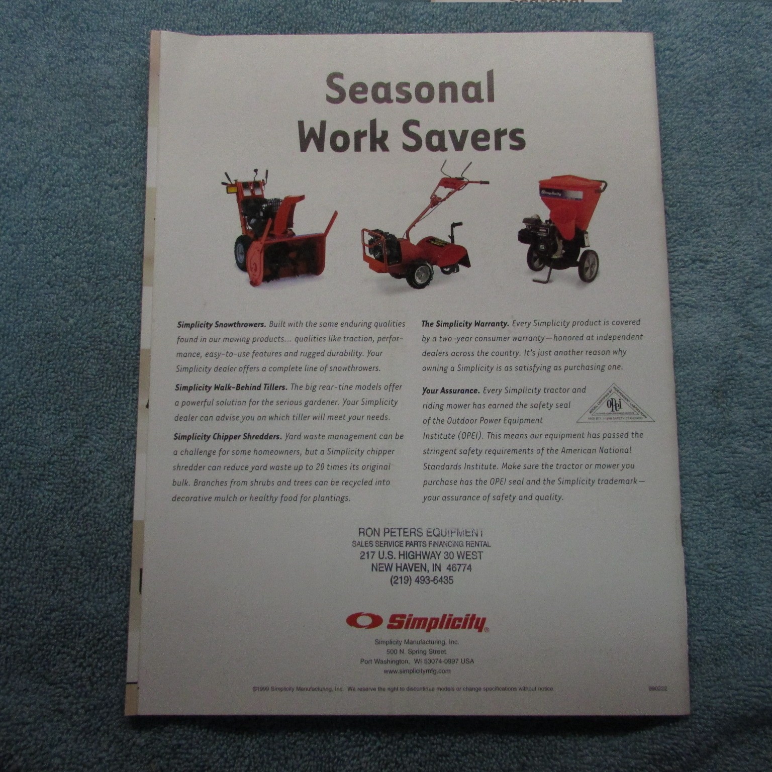 Simplicity Lawn Tractor Brochure: 1999 Issue