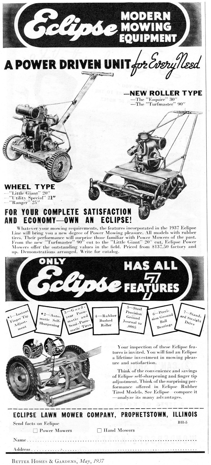 1937 Print Ad of Eclipse Modern Mowing Equipment Turfmaster 90 & Little Giant 20