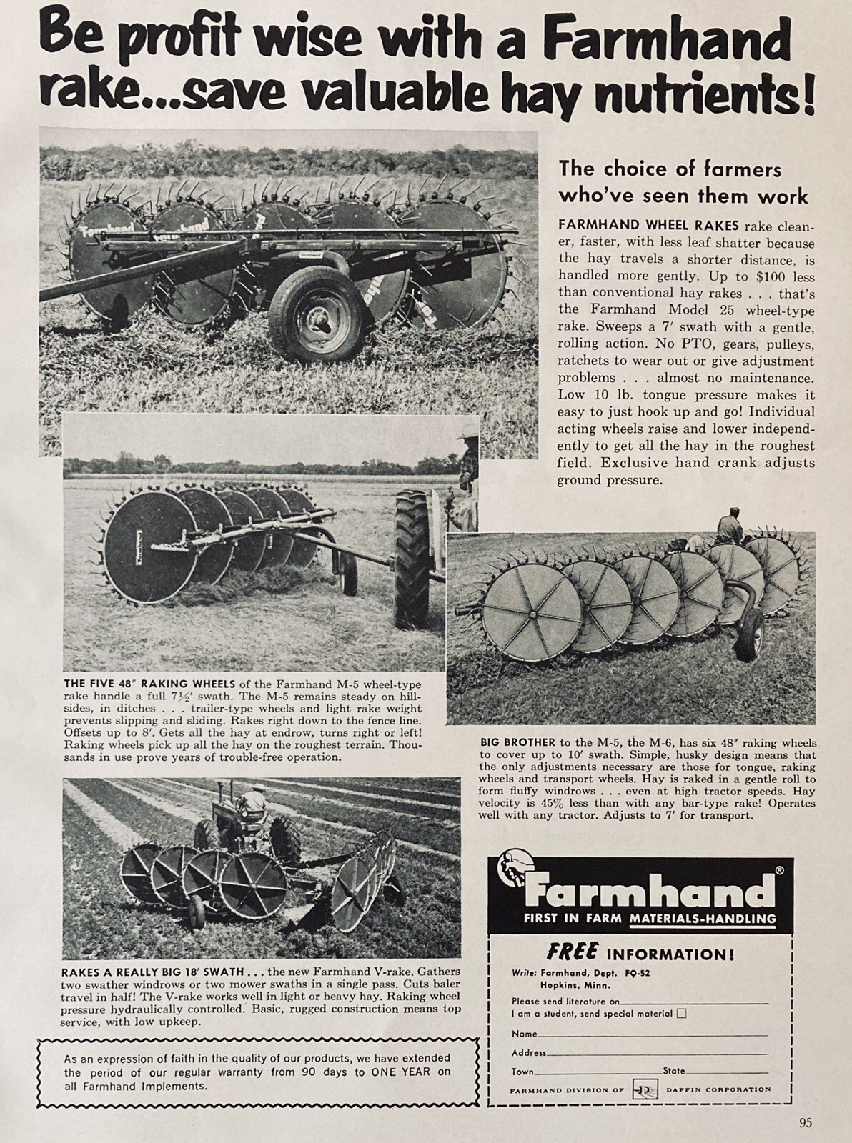 1962 AD.(XH20)~FARMHAND CO. HOPKINS, MINN. FARMHAND WHEEL RAKES