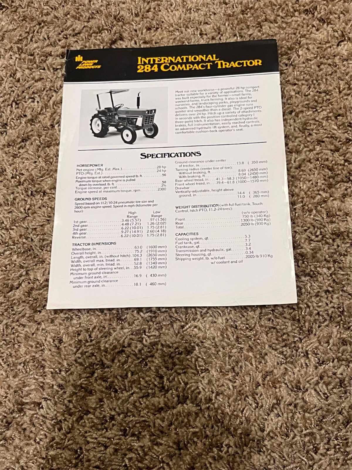 0055 INTERNATIONAL 284 COMPACT TRACTOR SPEC. SHEET