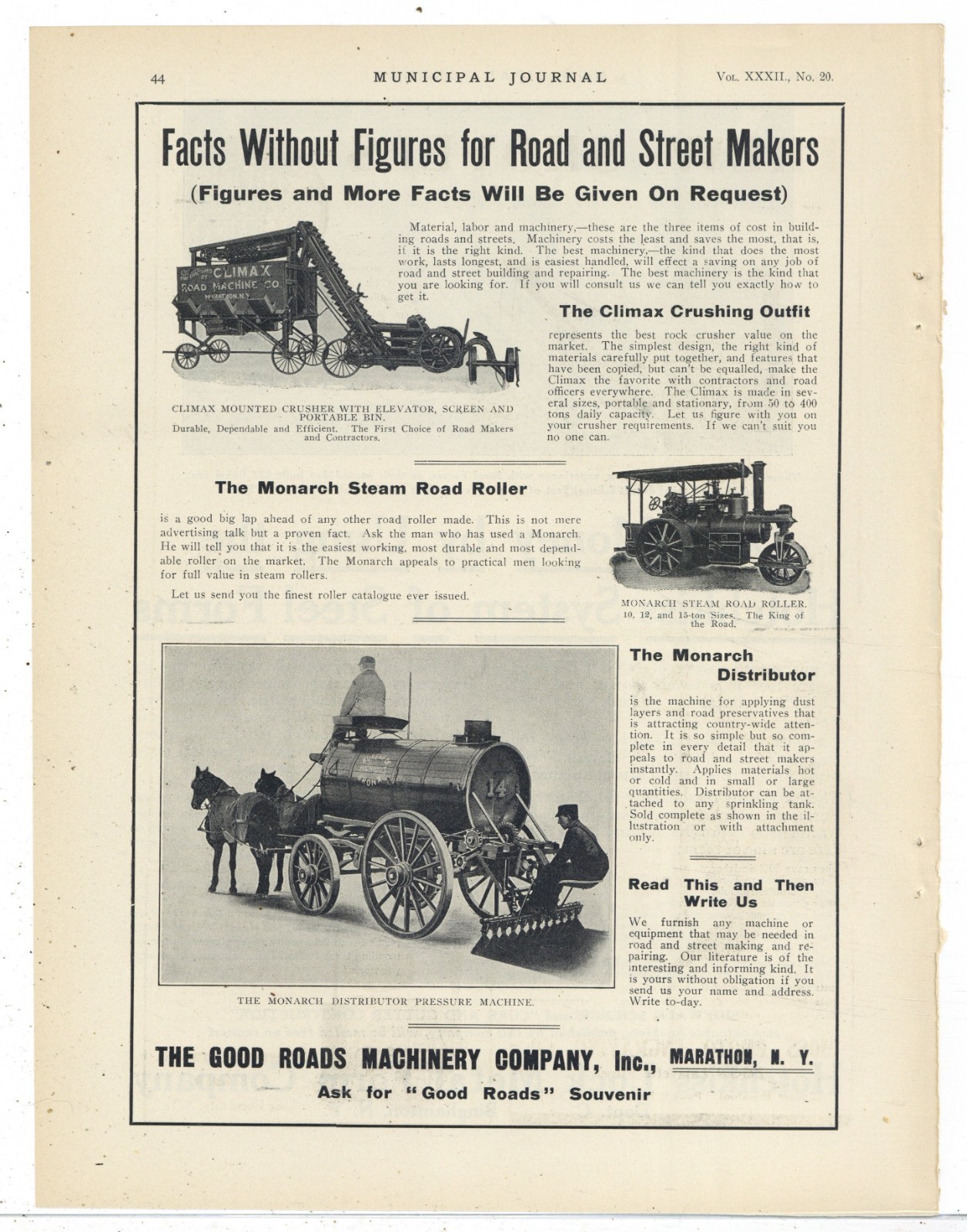 1912 Good Roads Machinery of Marathon New York Ad: Monarch Distributor, +++