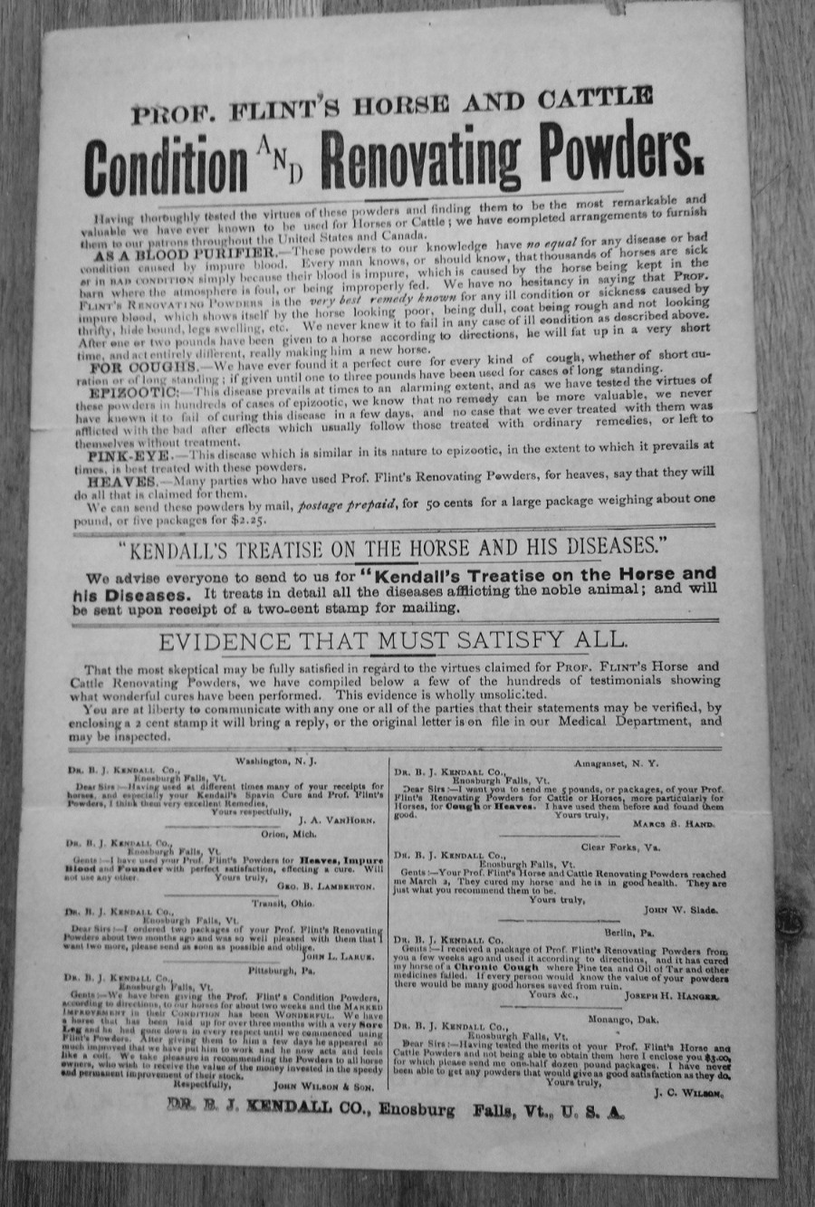 1893 Prof. Flint’s Horse and Cattle Powders 2 Sided Ad Enosburg Falls, VT